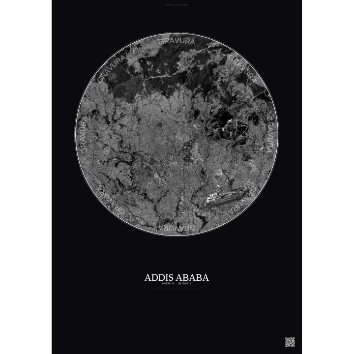 Affiche Addis Ababa – Poster vue satellite 10km N&B | Gravura – Fond foncé