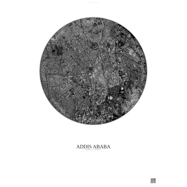 Addis Ababa Satellite View Poster 2.5km B&W | Gravura – Light background