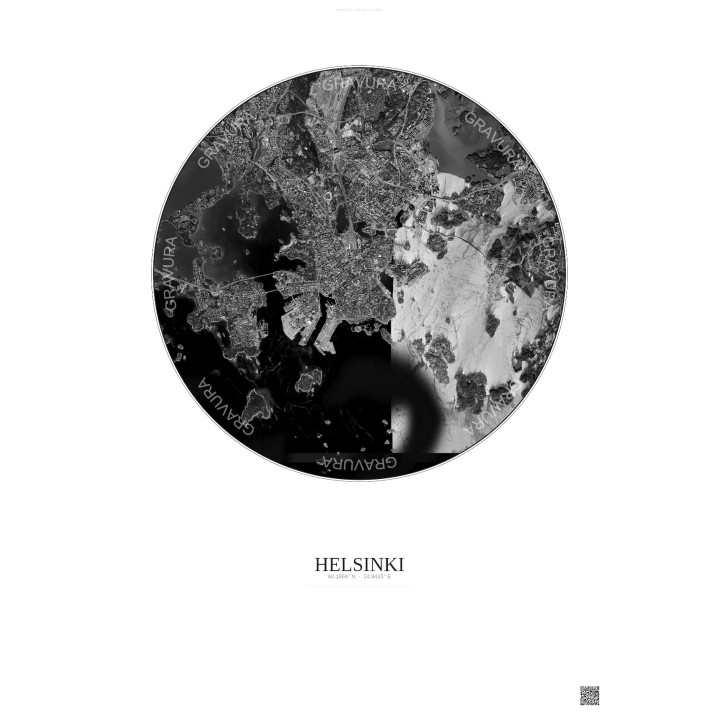 Affiche Helsinki – Poster vue satellite 6km N&B | Gravura – Fond clair