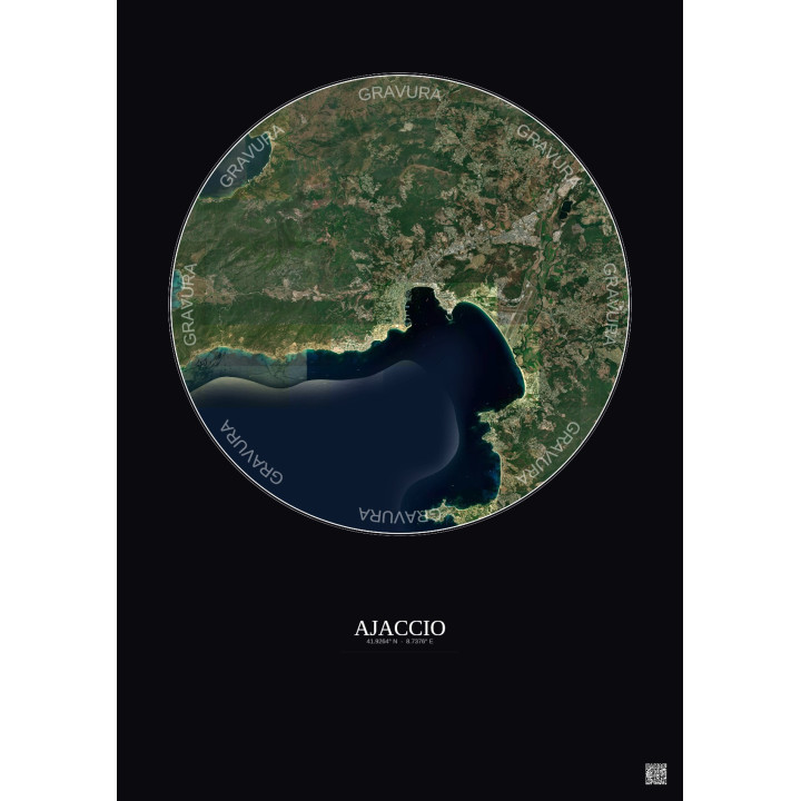 Affiche Ajaccio – Poster vue satellite 10km Couleur | Gravura – Fond foncé