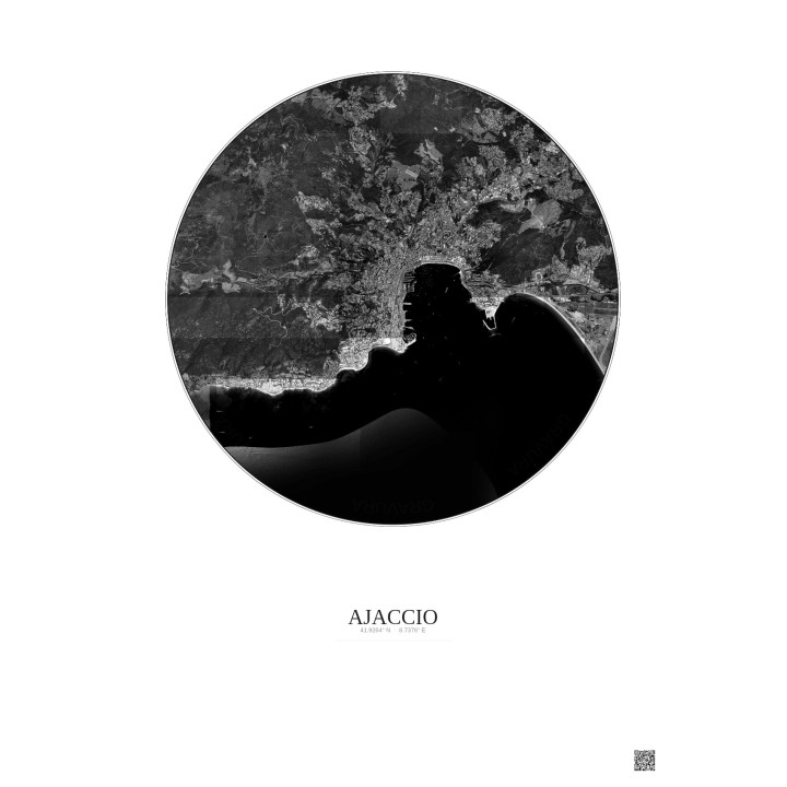 Affiche Ajaccio – Poster vue satellite 5km N&B | Gravura – Fond clair