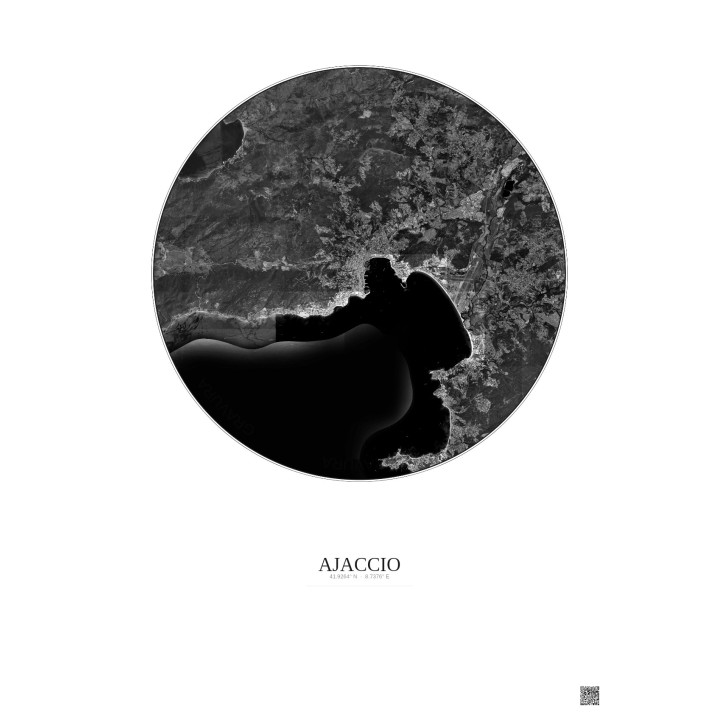 Affiche Ajaccio – Poster vue satellite 10km N&B | Gravura – Fond clair
