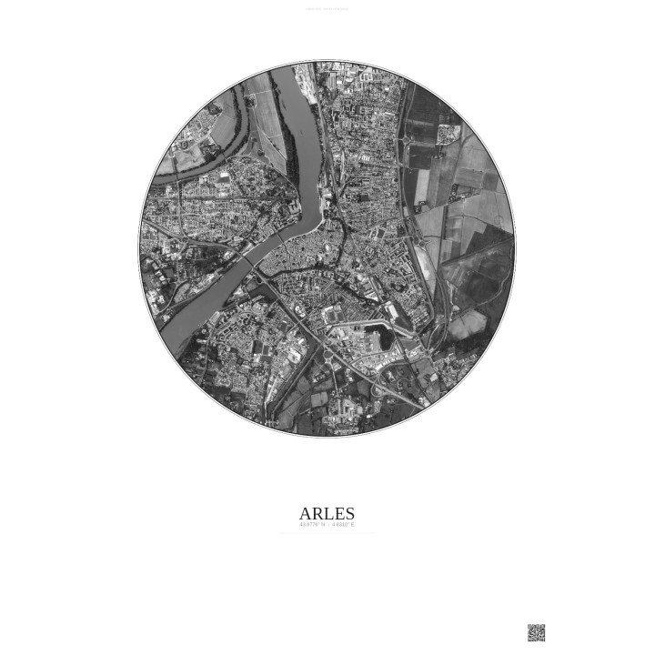 Affiche Arles – Poster vue satellite 2.5km N&B | Gravura – Fond clair