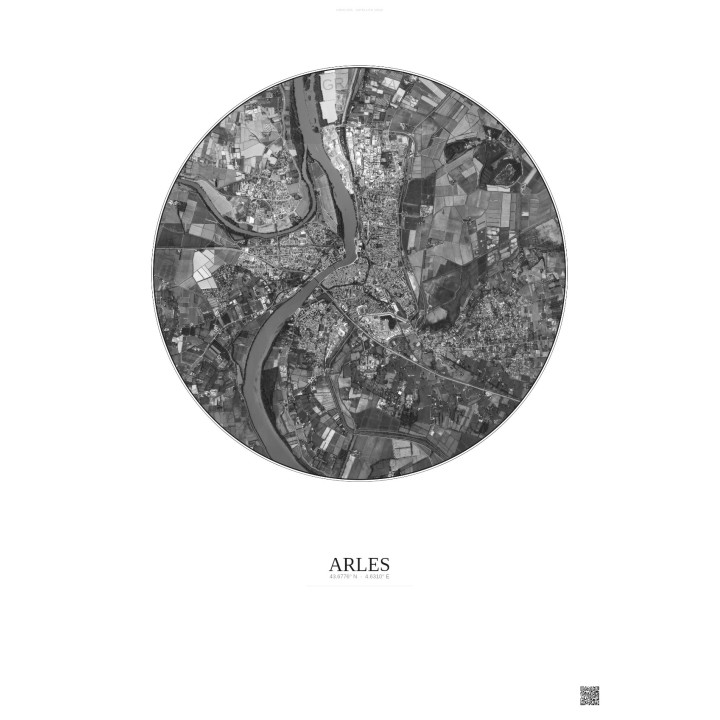 Affiche Arles – Poster vue satellite 5km N&B | Gravura – Fond clair