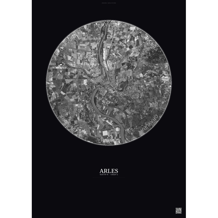 Affiche Arles – Poster vue satellite 10km N&B | Gravura – Fond foncé