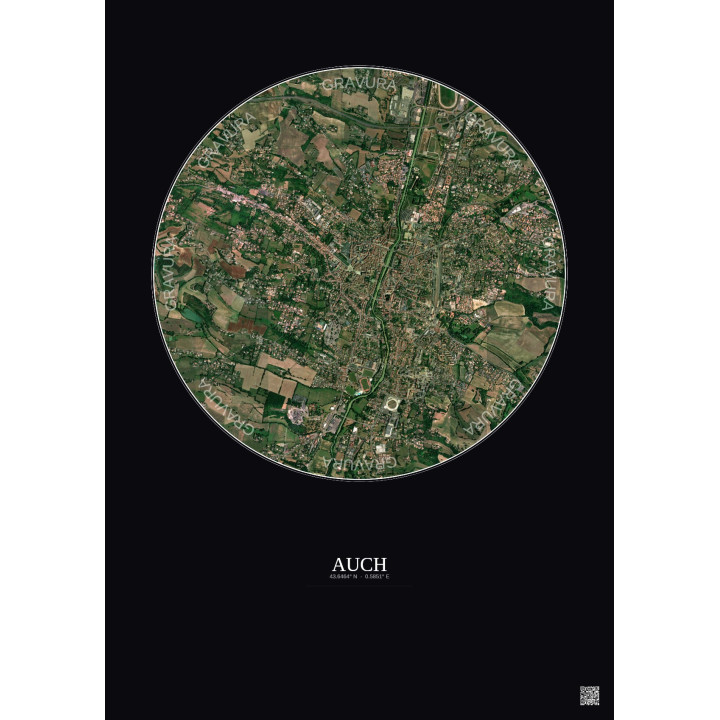 Affiche Auch – Poster vue satellite 2.5km Couleur | Gravura – Fond foncé