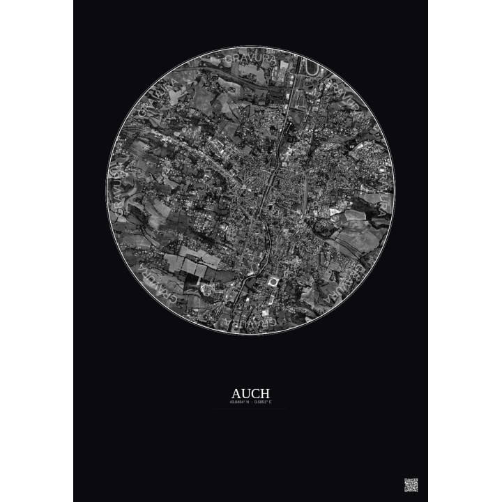 Affiche Auch – Poster vue satellite 2.5km N&B | Gravura – Fond foncé