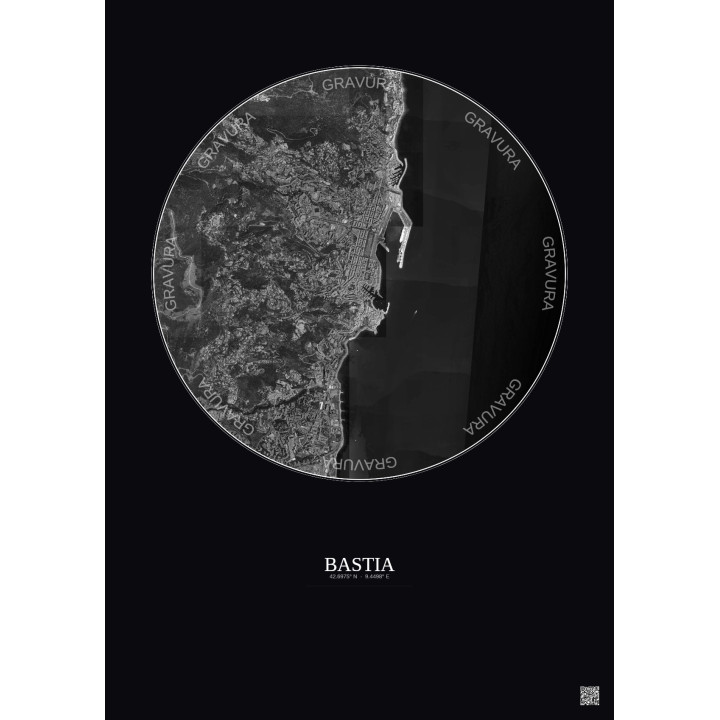 Bastia Satellite View Poster 2.5km B&W | Gravura – Dark background