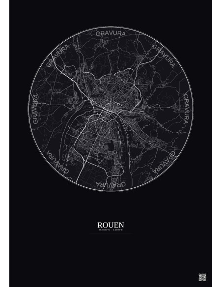 Affiche Rouen – Poster carte de ville 10km | Gravura – Fond foncé