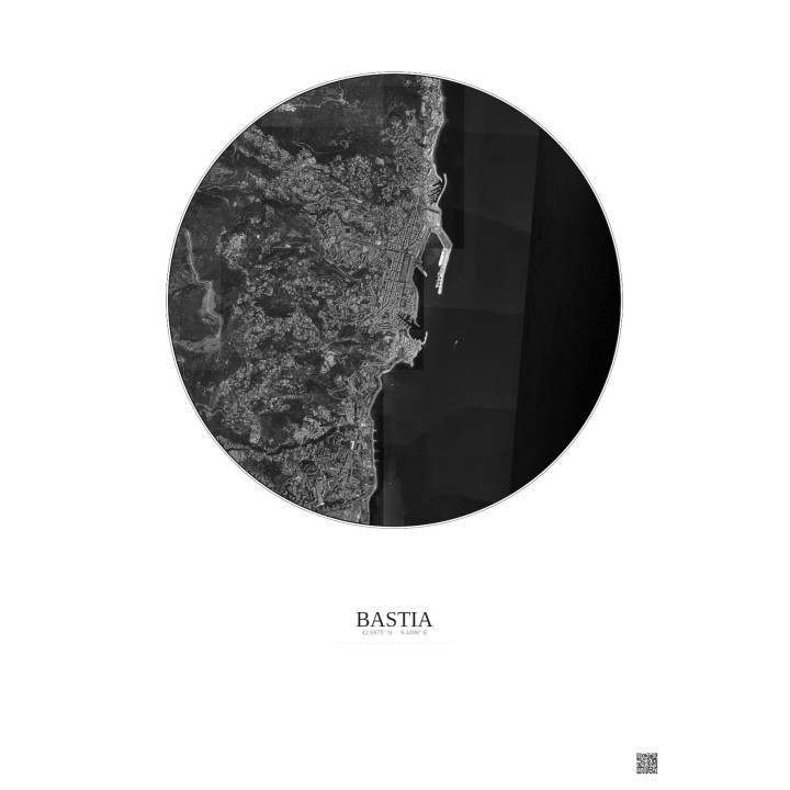 Bastia Satellite View Poster 2.5km B&W | Gravura – Light background