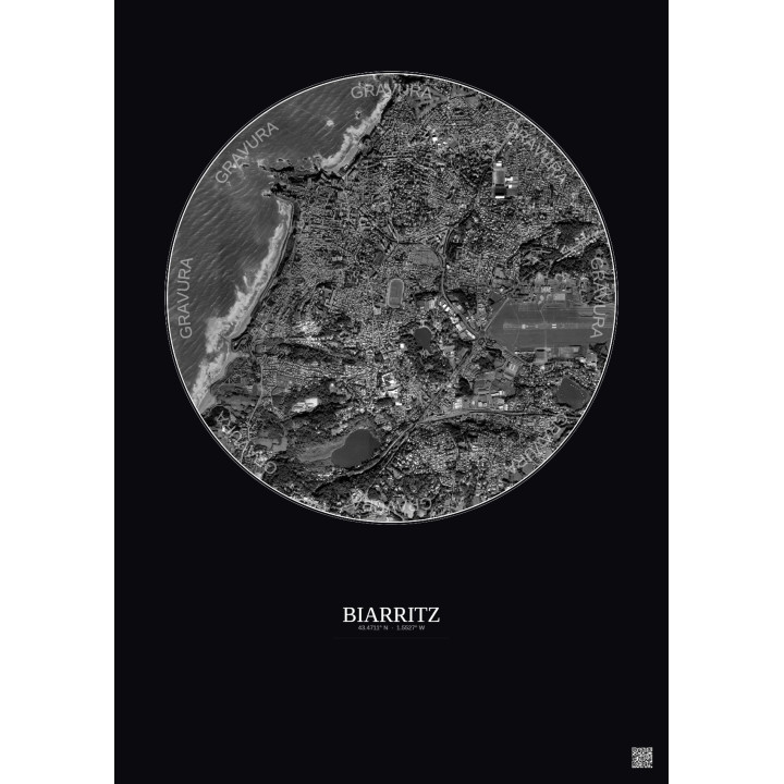 Biarritz Satellite View Poster 2.5km B&W | Gravura – Dark background