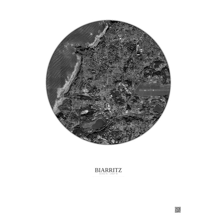 Affiche Biarritz – Poster vue satellite 2.5km N&B | Gravura – Fond clair