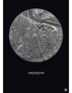 Affiche Amsterdam – Poster vue satellite 2.5km N&B | Gravura – Fond foncé 2
