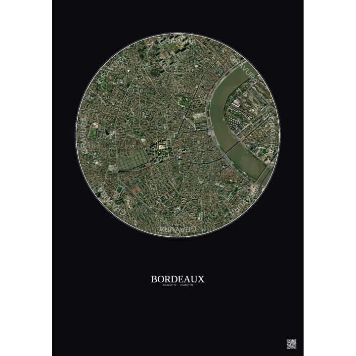 Affiche Bordeaux – Poster vue satellite 2.5km Couleur | Gravura – Fond foncé