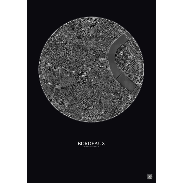 Bordeaux Satellite View Poster 2.5km B&W | Gravura – Dark background