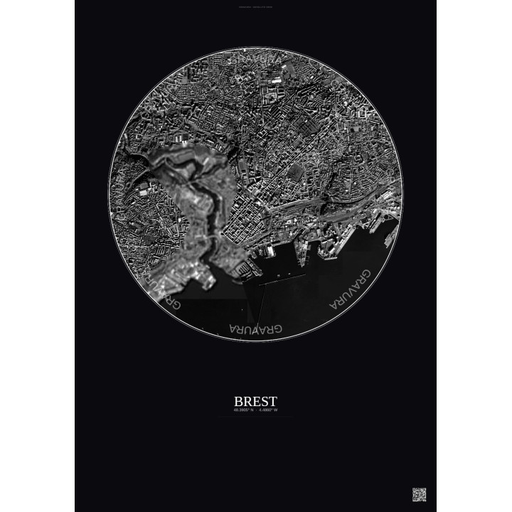 Affiche Brest – Poster vue satellite 2.5km N&B | Gravura – Fond foncé