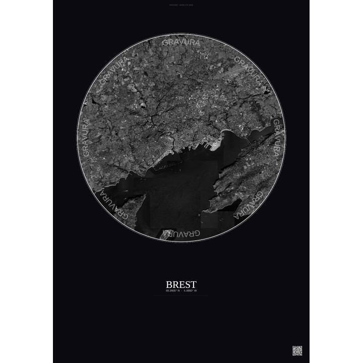 Brest Satellite View Poster 10km B&W | Gravura – Dark background