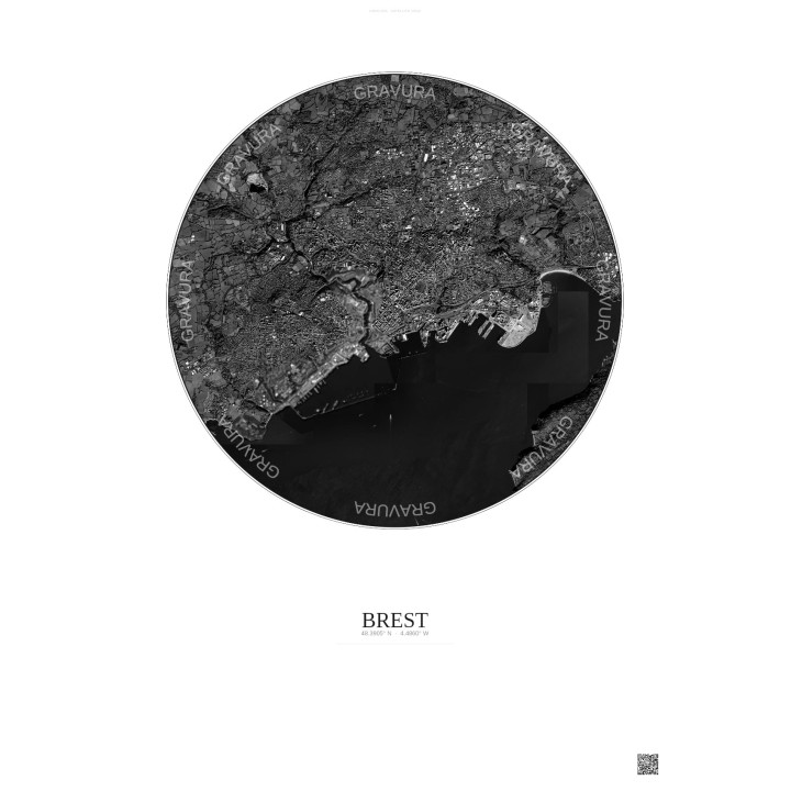 Affiche Brest – Poster vue satellite 6km N&B | Gravura – Fond clair
