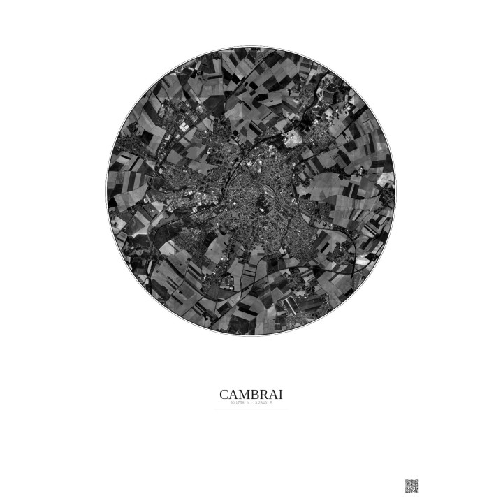Cambrai Satellite View Poster 5km B&W | Gravura – Light background