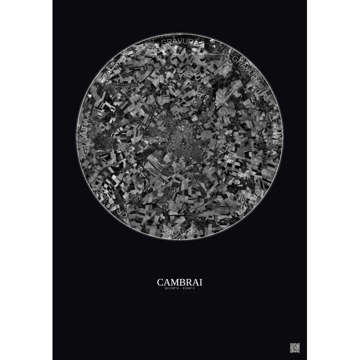 Cambrai Satellite View Poster 10km B&W | Gravura – Dark background