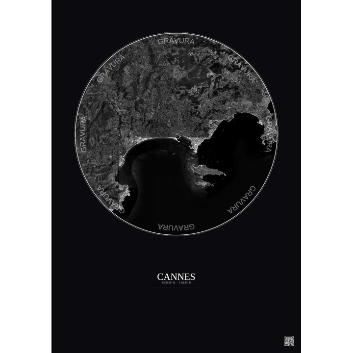 Affiche Cannes – Poster vue satellite 10km N&B | Gravura – Fond foncé