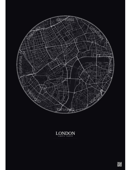 Affiche London – Poster carte de ville 2.5km | Gravura – Fond foncé