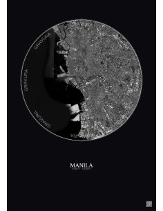 Affiche Manila – Poster vue satellite 10km N&B | Gravura – Fond foncé 2