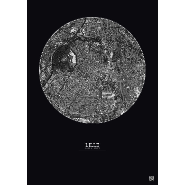 Affiche Lille – Poster vue satellite 2.5km N&B | Gravura – Fond foncé