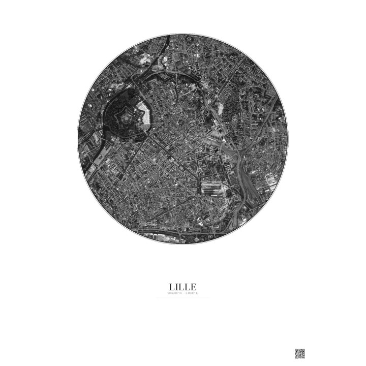 Affiche Lille – Poster vue satellite 2.5km N&B | Gravura – Fond clair