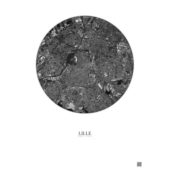 Affiche Lille – Poster vue satellite 5km N&B | Gravura – Fond clair