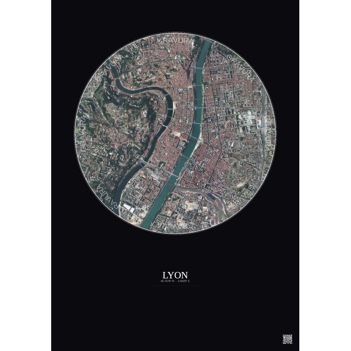 Affiche Lyon – Poster vue satellite 2.5km Couleur | Gravura – Fond foncé