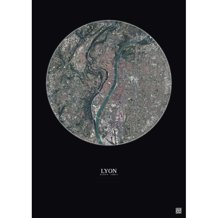 Affiche Lyon – Poster vue satellite 5km Couleur | Gravura – Fond foncé