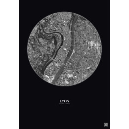 Affiche Lyon – Poster vue satellite 2.5km N&B | Gravura – Fond foncé