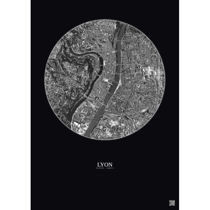 Affiche Lyon – Poster vue satellite 2.5km N&B | Gravura – Fond foncé