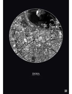 Affiche Doha – Poster vue satellite 2.5km N&B | Gravura – Fond foncé 2