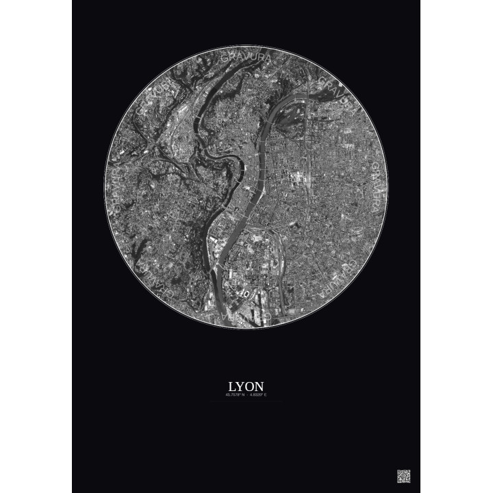 Affiche Lyon – Poster vue satellite 5km N&B | Gravura – Fond foncé