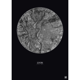 Affiche Lyon – Poster vue satellite 10km N&B | Gravura – Fond foncé