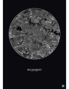 Affiche Bucharest – Poster vue satellite 10km N&B | Gravura – Fond foncé 2