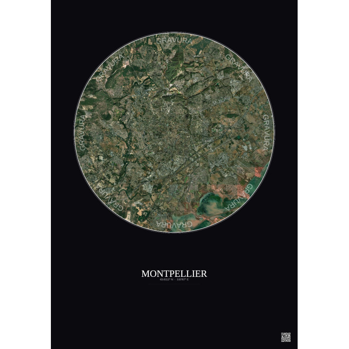 Affiche Montpellier – Poster vue satellite 10km Couleur | Gravura – Fond foncé