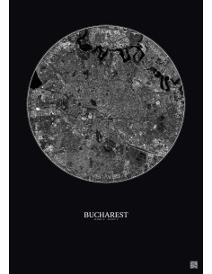 Affiche Bucharest – Poster vue satellite 6km N&B | Gravura – Fond foncé 2