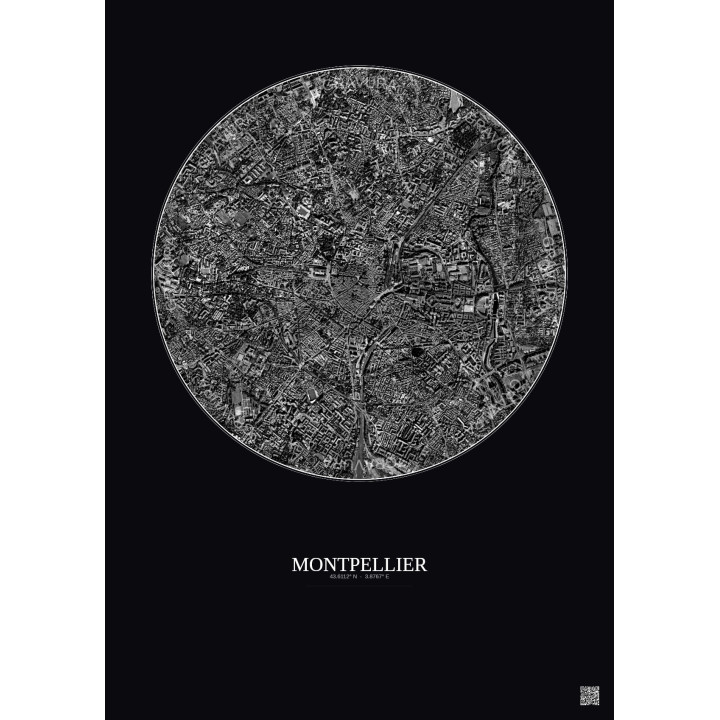 Montpellier Satellite View Poster 2.5km B&W | Gravura – Dark background