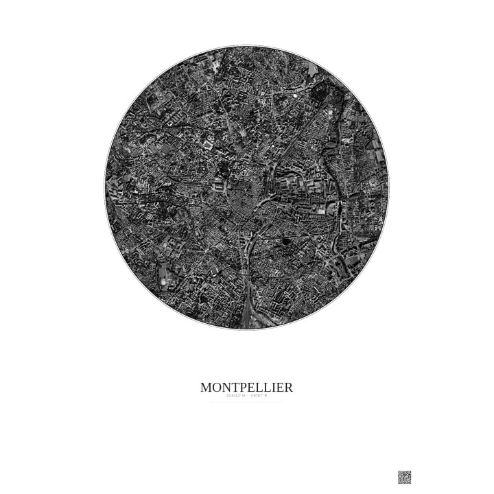 Affiche Montpellier – Poster vue satellite 2.5km N&B | Gravura – Fond clair