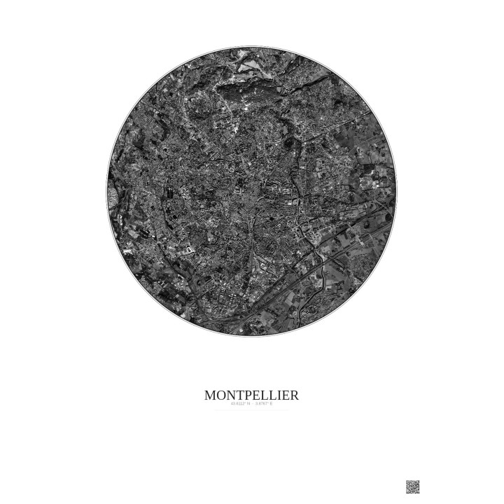 Montpellier Satellite View Poster 5km B&W | Gravura – Light background