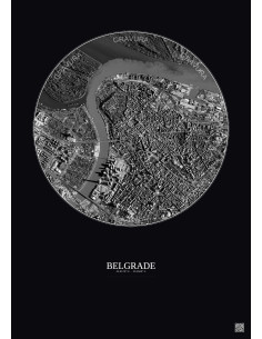 Affiche Belgrade – Poster vue satellite 2.5km N&B | Gravura – Fond foncé 2