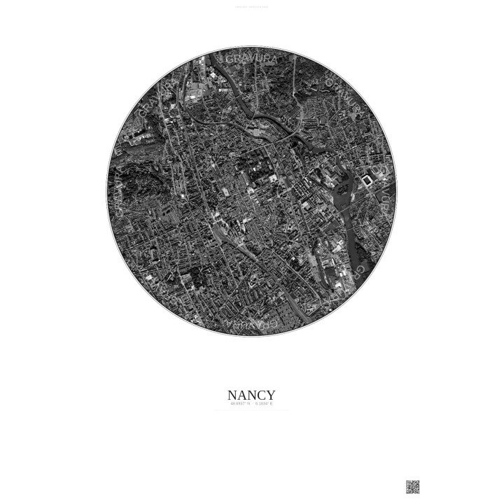 Affiche Nancy – Poster vue satellite 2.5km N&B | Gravura – Fond clair
