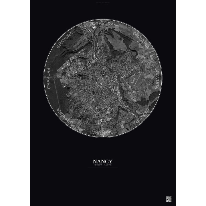 Nancy Satellite View Poster 6km B&W | Gravura – Dark background