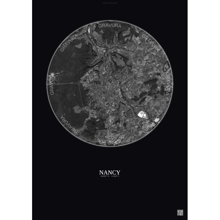 Affiche Nancy – Poster vue satellite 10km N&B | Gravura – Fond foncé