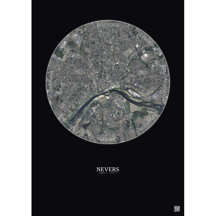 Affiche Nevers – Poster vue satellite 2.5km Couleur | Gravura – Fond foncé