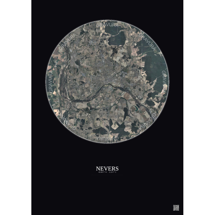 Affiche Nevers – Poster vue satellite 10km Couleur | Gravura – Fond foncé