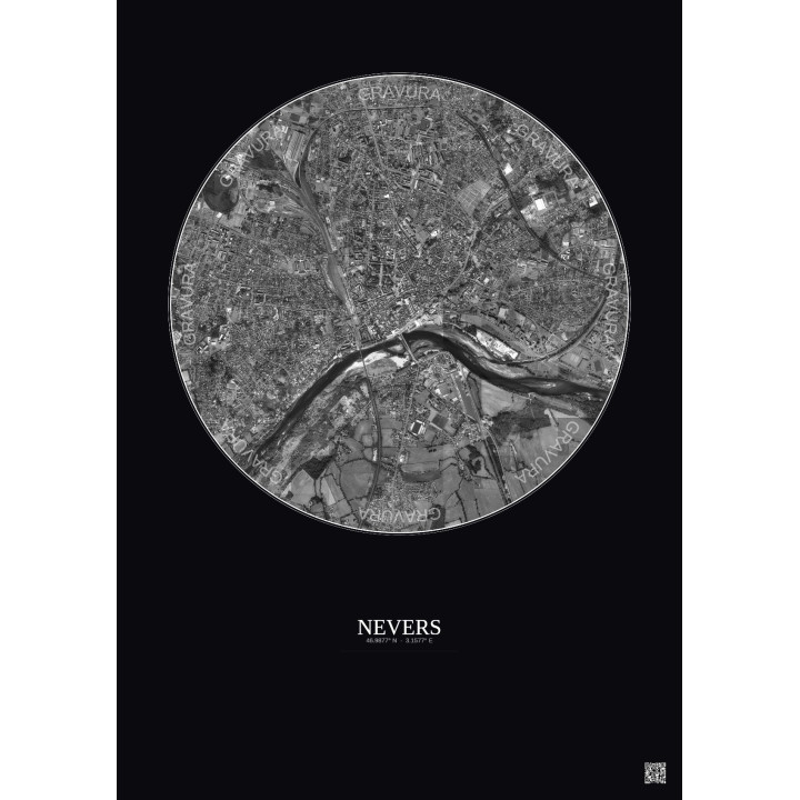 Affiche Nevers – Poster vue satellite 2.5km N&B | Gravura – Fond foncé